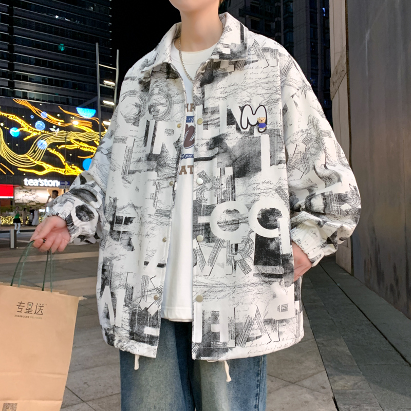 夹克男士春季新款字母印花港风潮流学生春秋翻领外套百搭上衣服