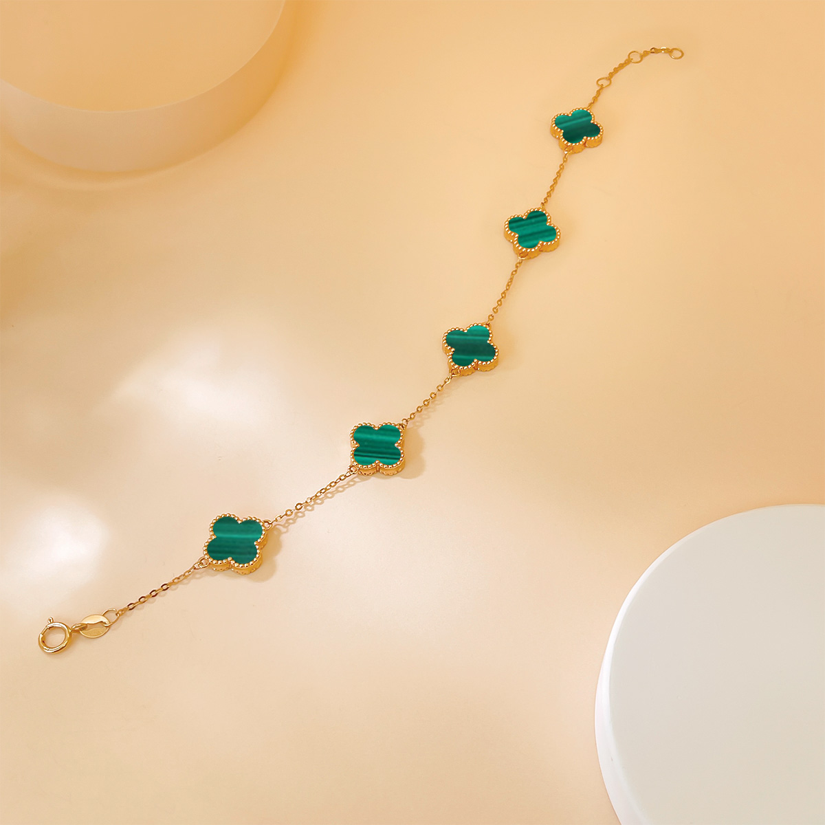 DEMONE/黛慕妮18K金孔雀石四叶草五花手链女AU750彩金精致正品