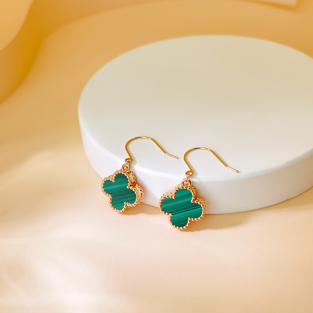 DEMONE/黛慕妮18k金四叶草耳环镶嵌孔雀石一对耳饰时尚经典百搭款