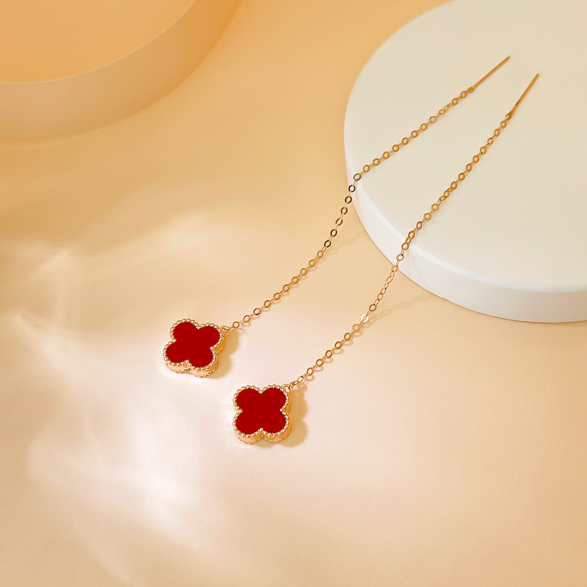 DEMONE/黛慕妮18k金四叶草耳线镶嵌红玛瑙一对耳饰时尚经典百搭款