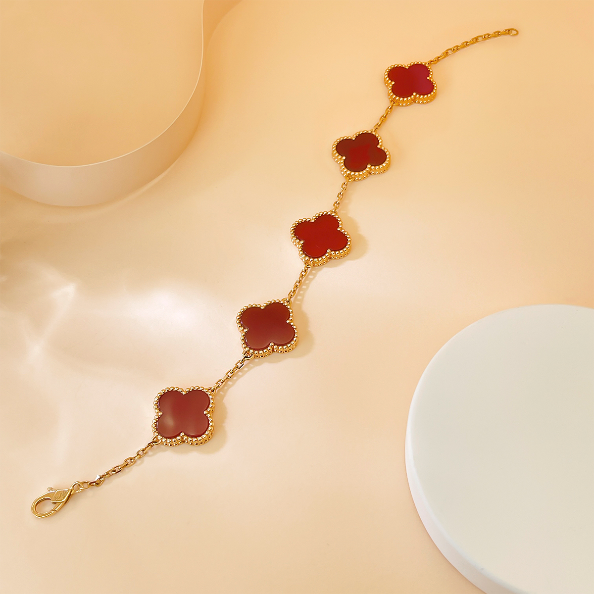 DEMONE/黛慕妮18K金五花四叶草手链镶嵌红玛瑙AU750彩金（重金版）