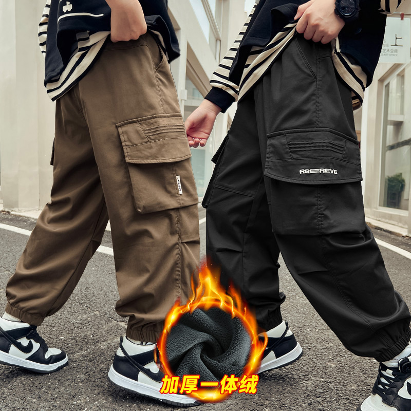 童装男童加绒裤子冬款2024新款儿童冬季一体绒工装裤男孩加厚长裤