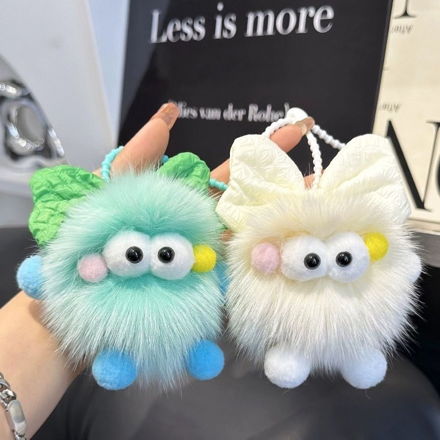 可爱真狐狸毛蝴蝶结大眼毛球汽车钥匙扣挂件毛绒球玩偶书包包挂饰