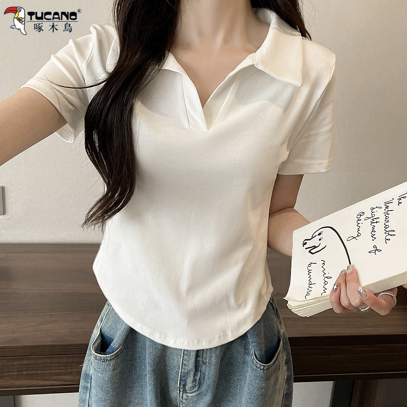 啄木鸟高档棉大码胖mm纯欲上衣女夏POLO领正肩T恤显瘦遮肚子辣妹