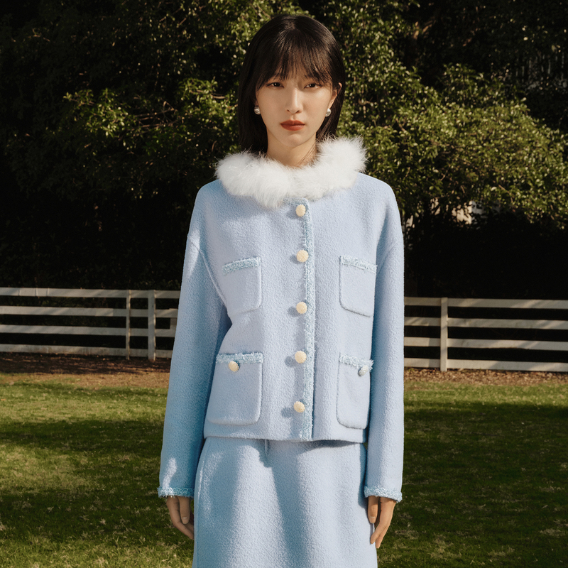 【蓝色小香风】质感双面呢外套圆领毛呢短大衣DOUBLOVE贝爱秋冬新款