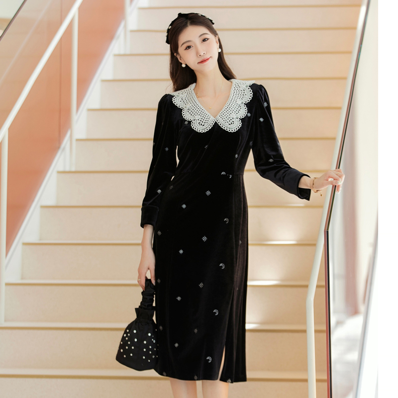 【星月刺绣丝绒长袖连衣裙】省心穿搭显瘦连衣裙DOUBLOVE贝爱秋季款