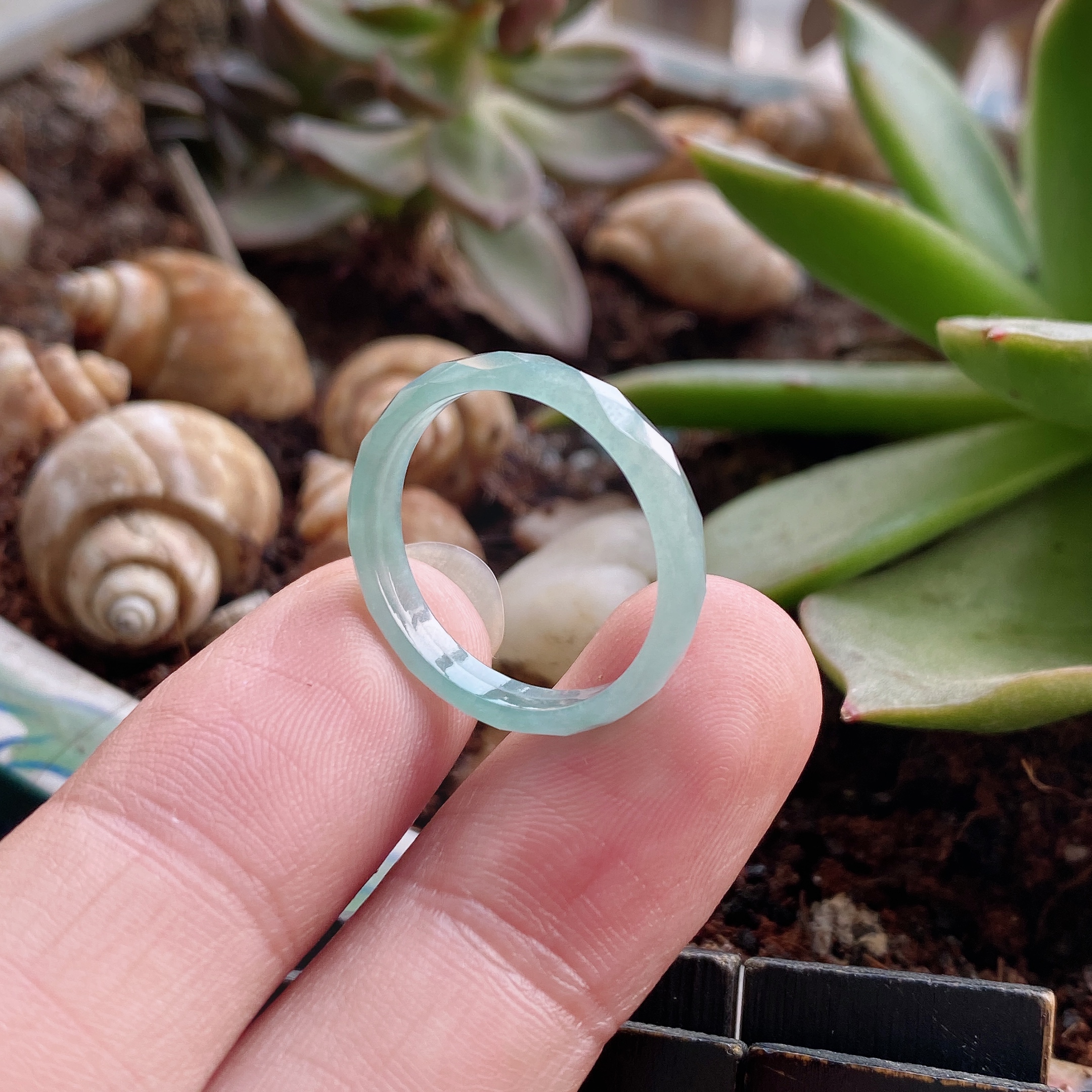 6605262天然翡翠正品A货高冰种钻石切割面中宽晴水绿戒指指环20号