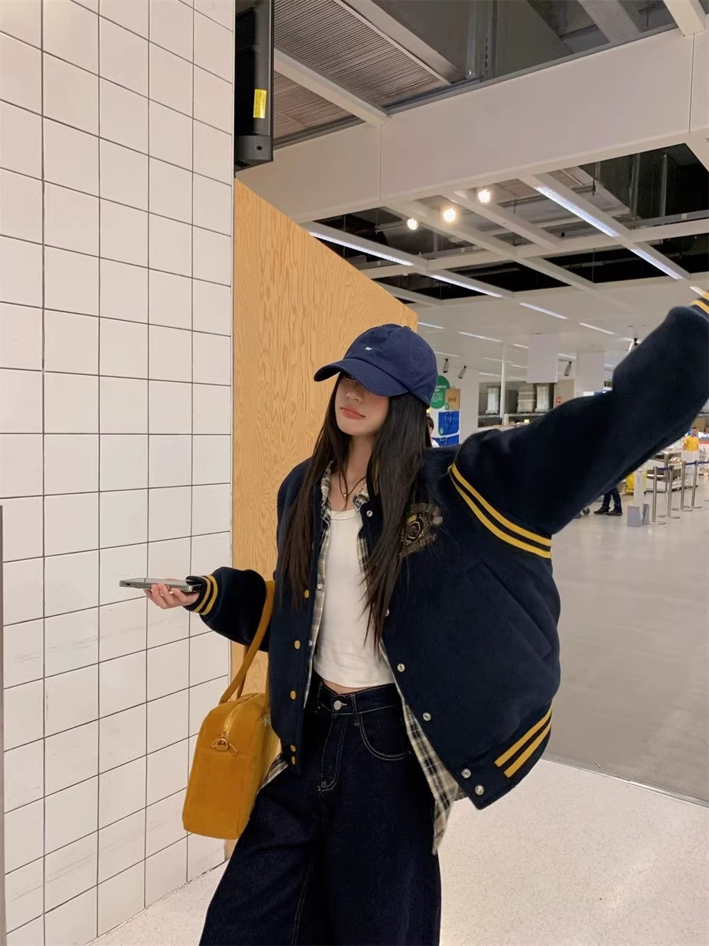 【YANZI】冬季棉服时尚休闲百搭藏青拼色宽松加厚刺绣棉衣女潮