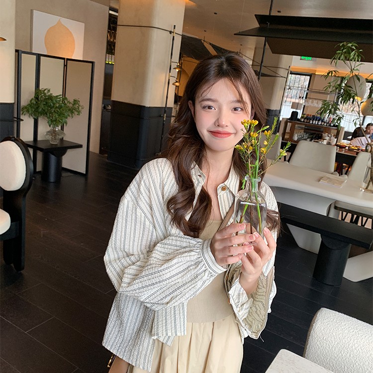 一三良品小个子 松弛感~超薄不规则杏色条纹衬衫长袖防晒衫衬衣女