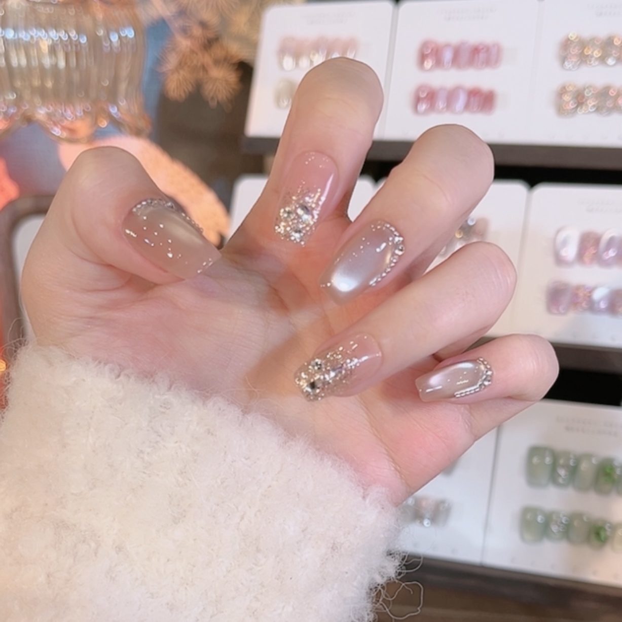 【北海道恋人】纯手工穿戴甲奶茶色猫眼镶钻美甲10片