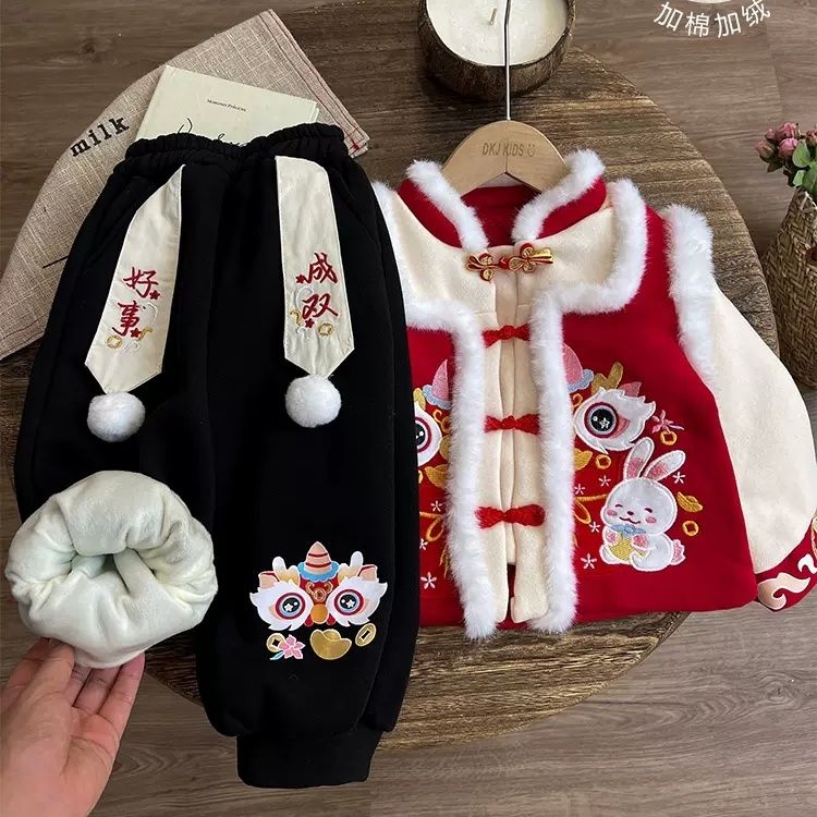 爆款女童冬季拜年服套装中国风唐装加绒加厚新款年服宝宝喜庆