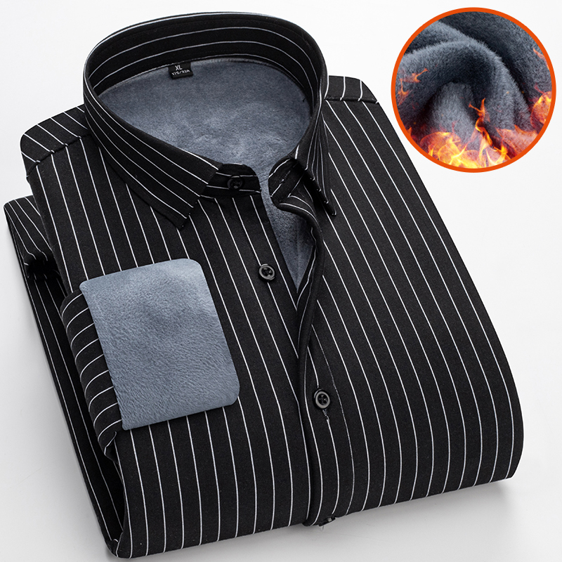 男士秋冬季加绒加厚衬衫商务休闲中年格纹保暖修身长袖宽松爸爸装