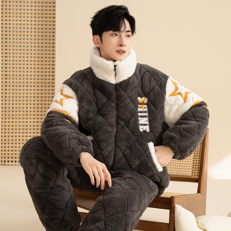 秋冬季三层夹棉睡衣套装男士加绒加厚86613冬天保暖休闲家居服