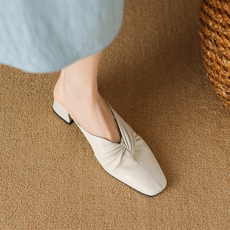 4CM，羊皮包头半拖夏季方头穆勒鞋粗跟高跟鞋一脚蹬懒人鞋外穿皮拖