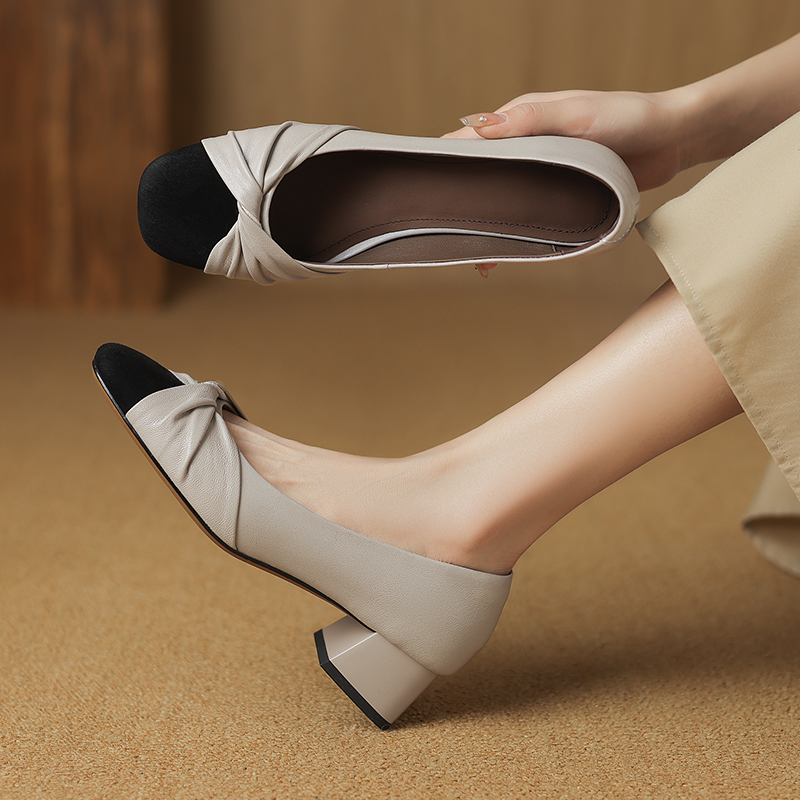 羊皮浅口小香风夏季软底大码拼色女单鞋方头女士方头浅口软底羊皮