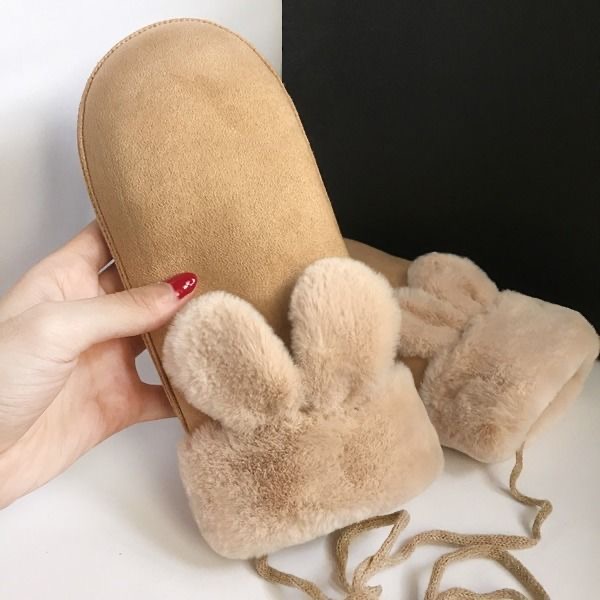 可爱ins保暖手套冬季女生加绒加厚冬天防寒挂脖连指全包毛绒手套