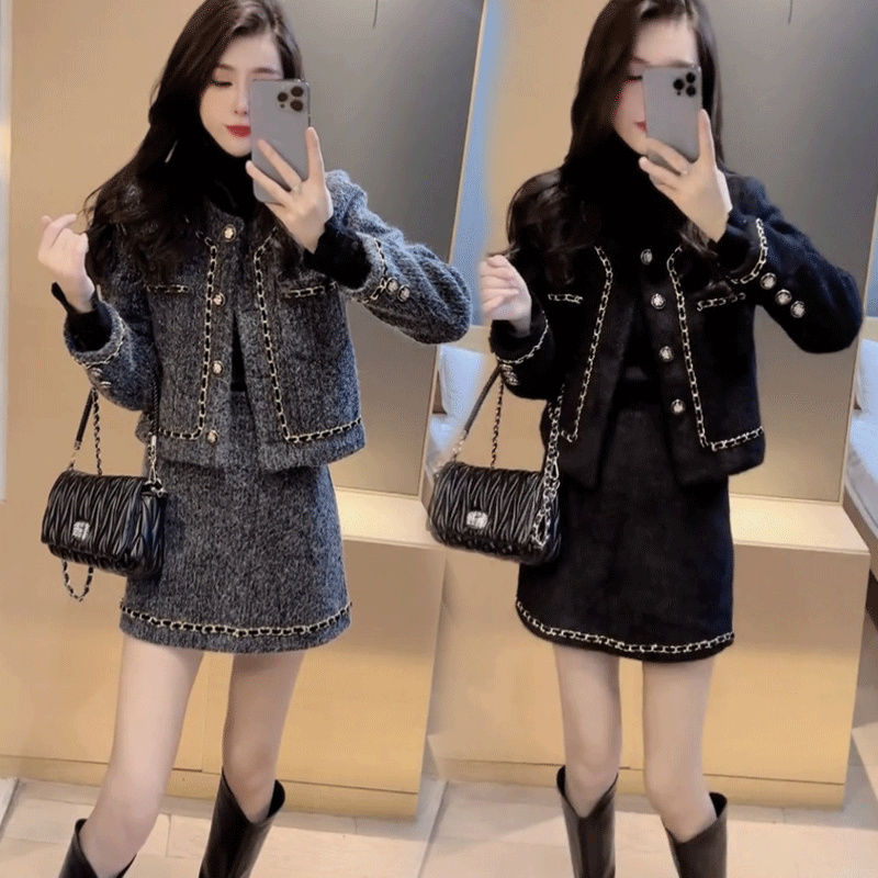 欧货新款薄棉毛呢小香风时尚套装女洋气爆款短西服外套短裙两件套