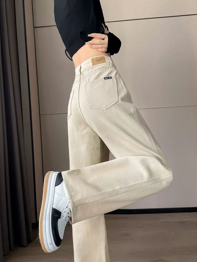 卡其色窄版直筒牛仔裤女秋冬季2023新款高腰小个子显瘦加绒阔腿裤