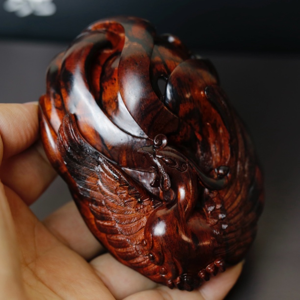 枯木大师精雕红降土埋南岛树心黄油糖结玉化「凤」龙凤呈祥把件雕件