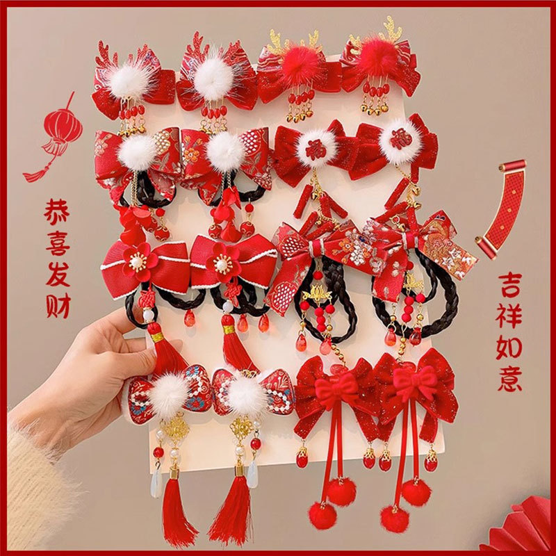儿童拜年发饰中国风汉服发卡新年红色蝴蝶结发夹子女童扎辫子头饰