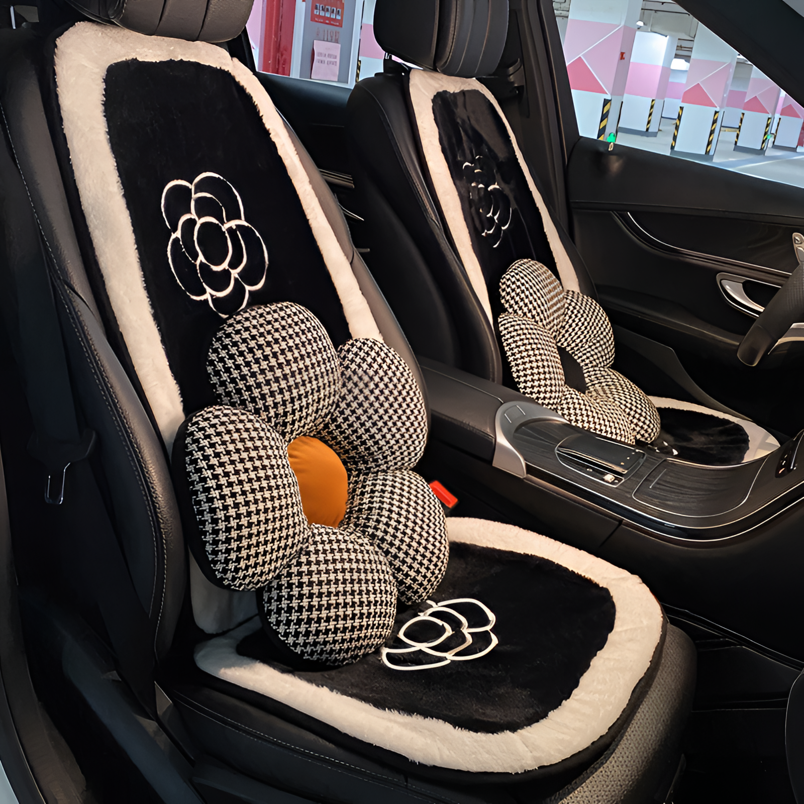 汽车坐垫冬季毛绒款冬天刺绣山茶花时尚加热座椅垫保暖后排车垫女