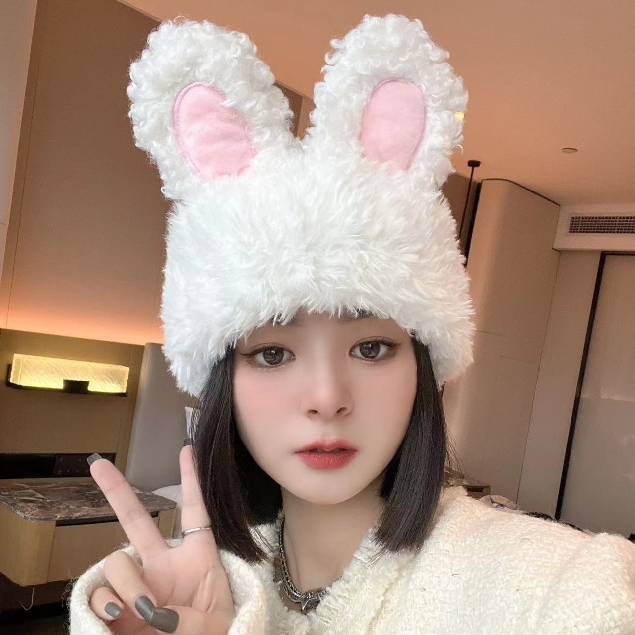 【毛绒兔耳朵】秋冬季可爱毛绒加厚保暖帽子网红ins包头包头绒帽