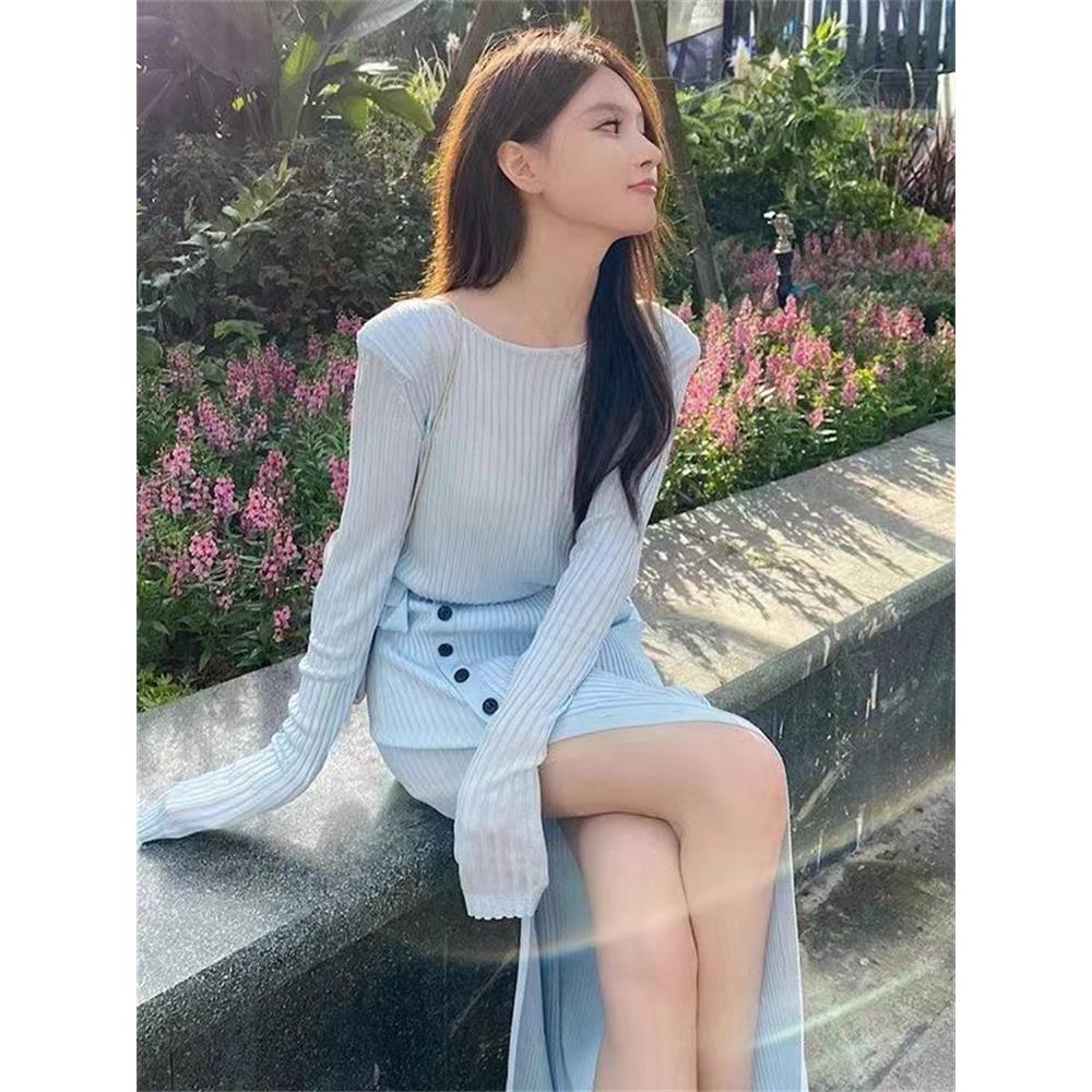 长款过膝毛衣裙秋冬配大衣韩版性感开叉高冷御姐风内搭针织连衣裙