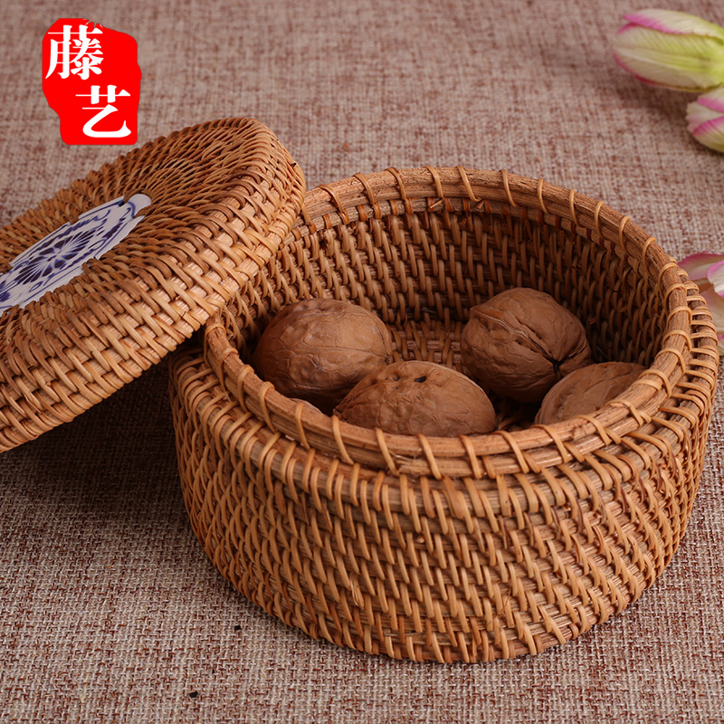 藤编桌面收纳盒零食筐糖果篮 有盖首饰盒茶叶篓散茶盒茶砣盒包邮