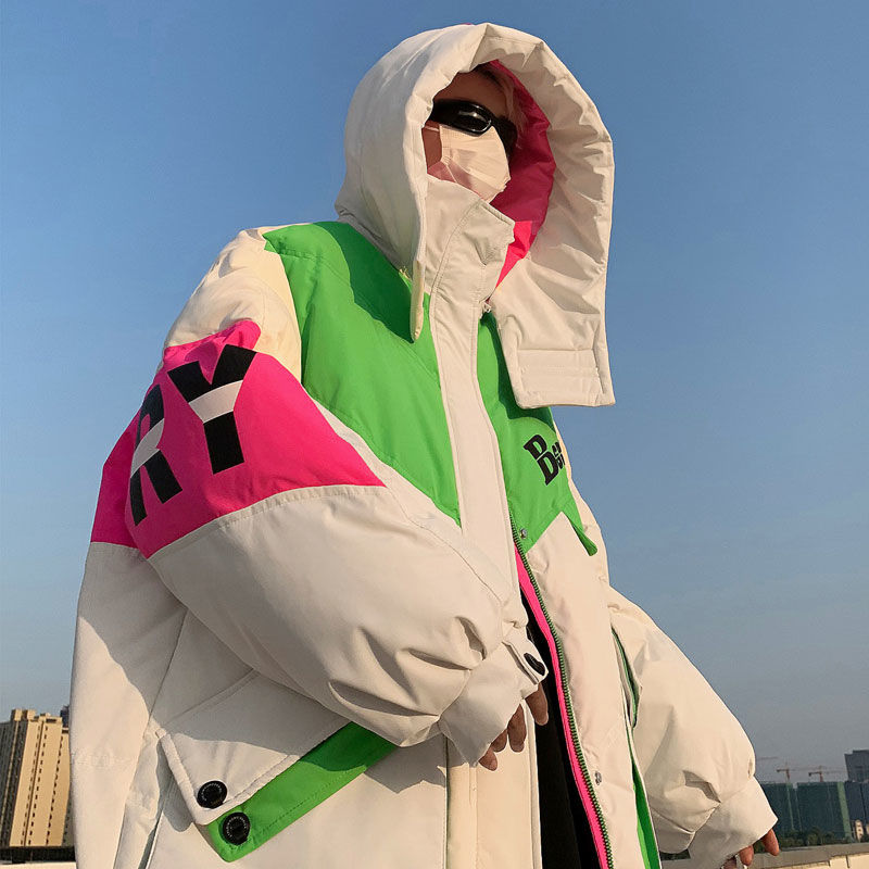 港风设计感撞色羽绒服ins新款情侣白鸭绒潮牌加厚中长款连帽外套
