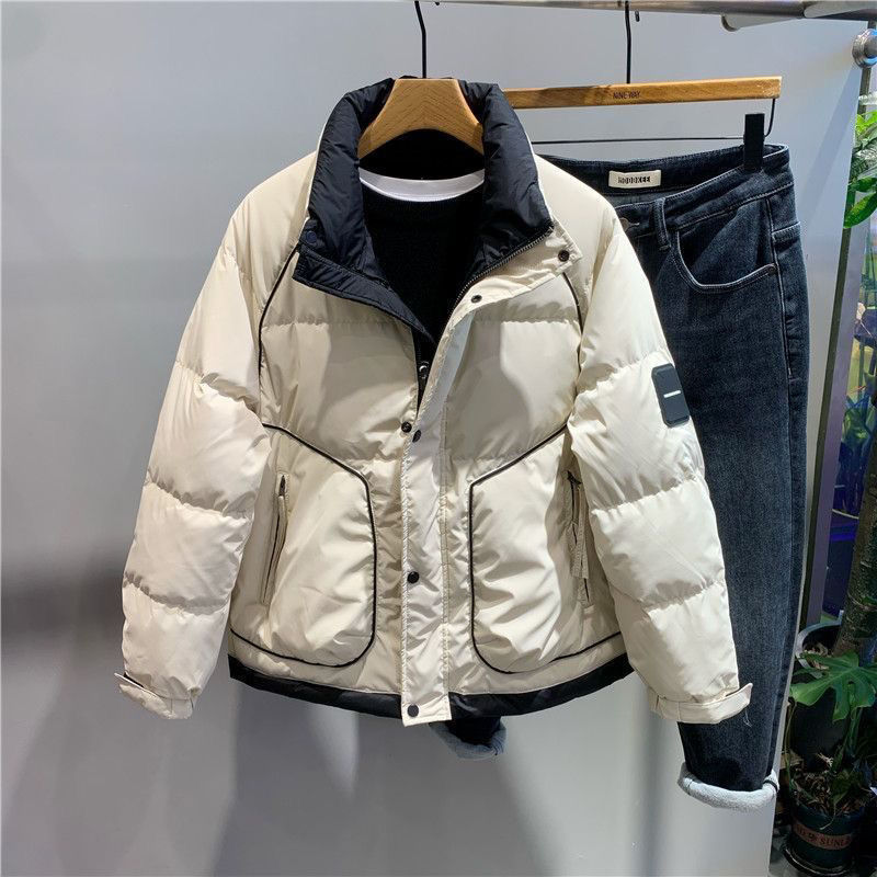 2023冬季韩版立领短款羽绒服美式宽松拼接撞色加厚保暖外套男款