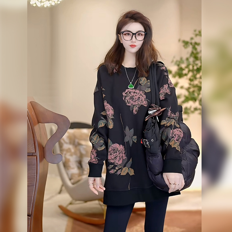 Linda姐高端线【富贵花】秋冬慵懒轻奢气质印花长袖卫衣AW4SWY0347