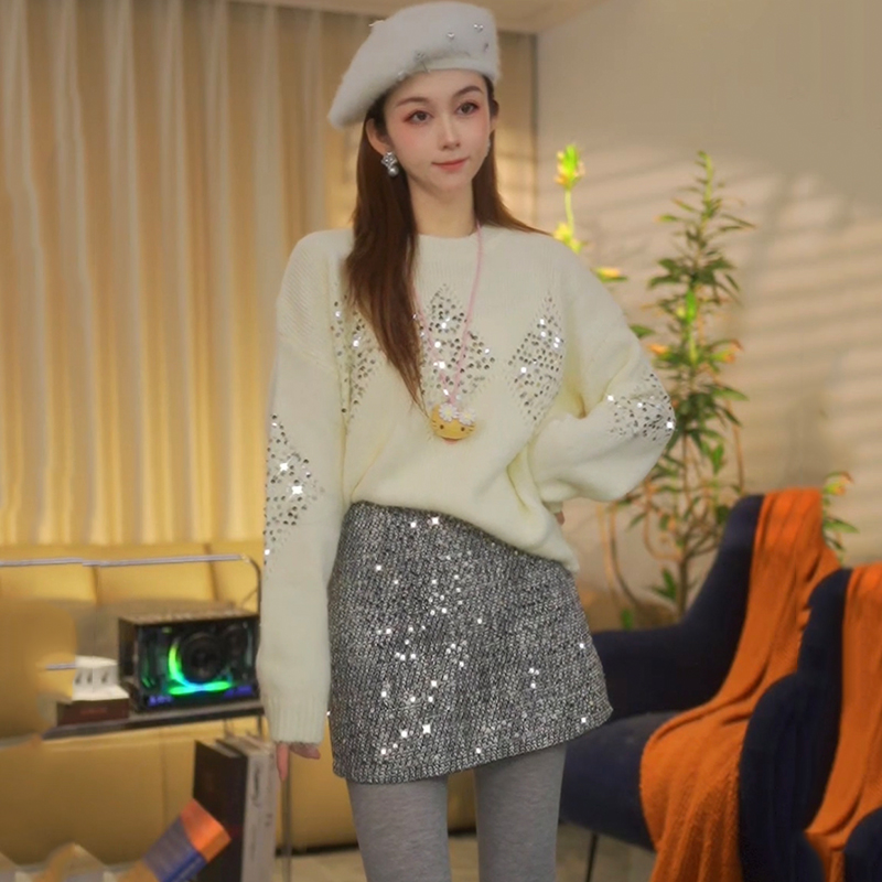 羊毛秋冬镂空菱形重工亮片针织衫女新款慵懒风气质宽松软糯毛衣女