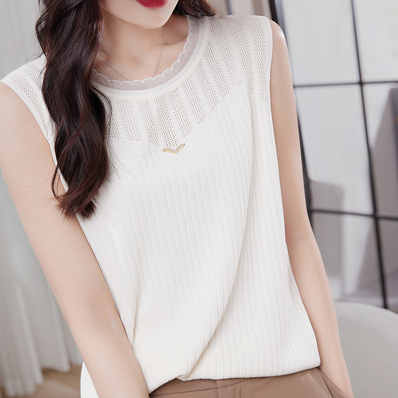 冰丝无袖针织吊带背心女圆领欧根纱拼接打底T恤洋气内搭外穿上衣