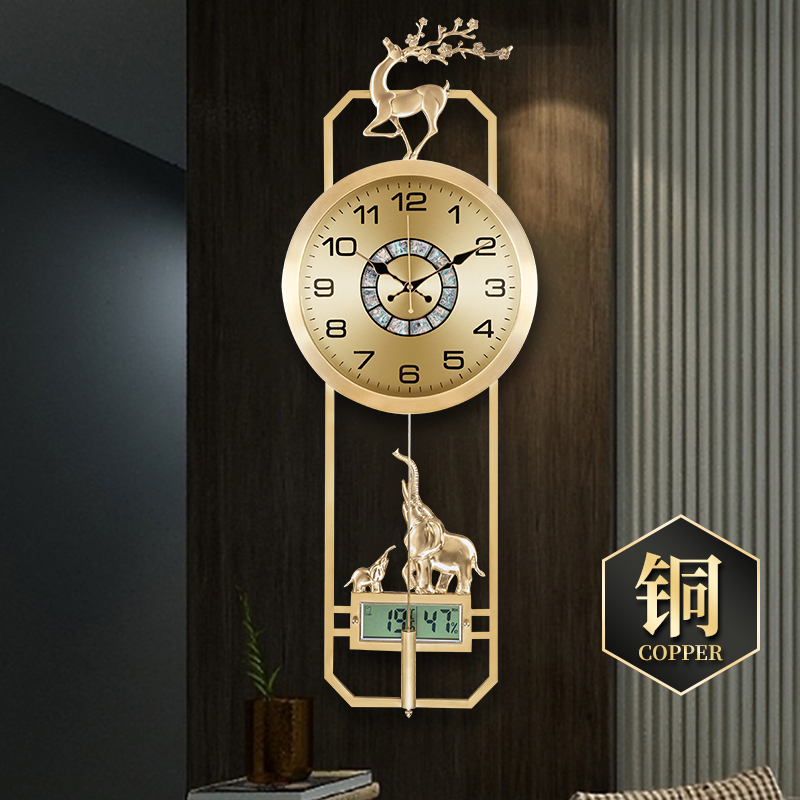 黄铜轻奢挂钟时钟装饰摇摆创意日历壁钟新中式时钟大号静音钟表38