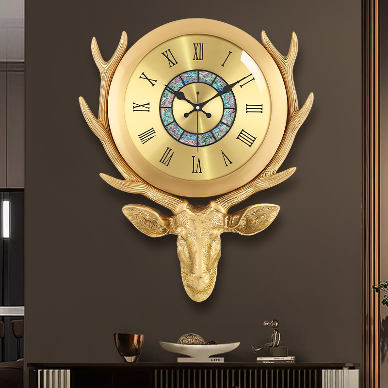 欧式鹿头钟表黄铜挂钟客厅家用轻奢高档复古豪华静音表挂墙时钟44