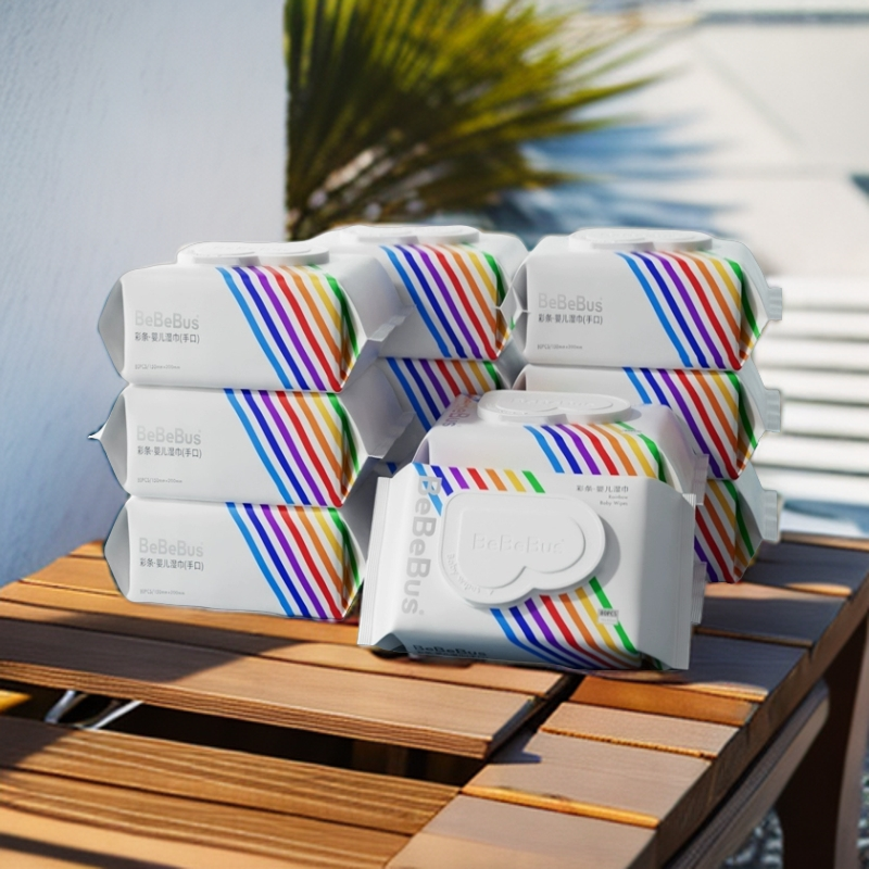 bebebus婴儿湿纸巾手口新生宝宝家专用大包装湿巾80抽3包新款彩条