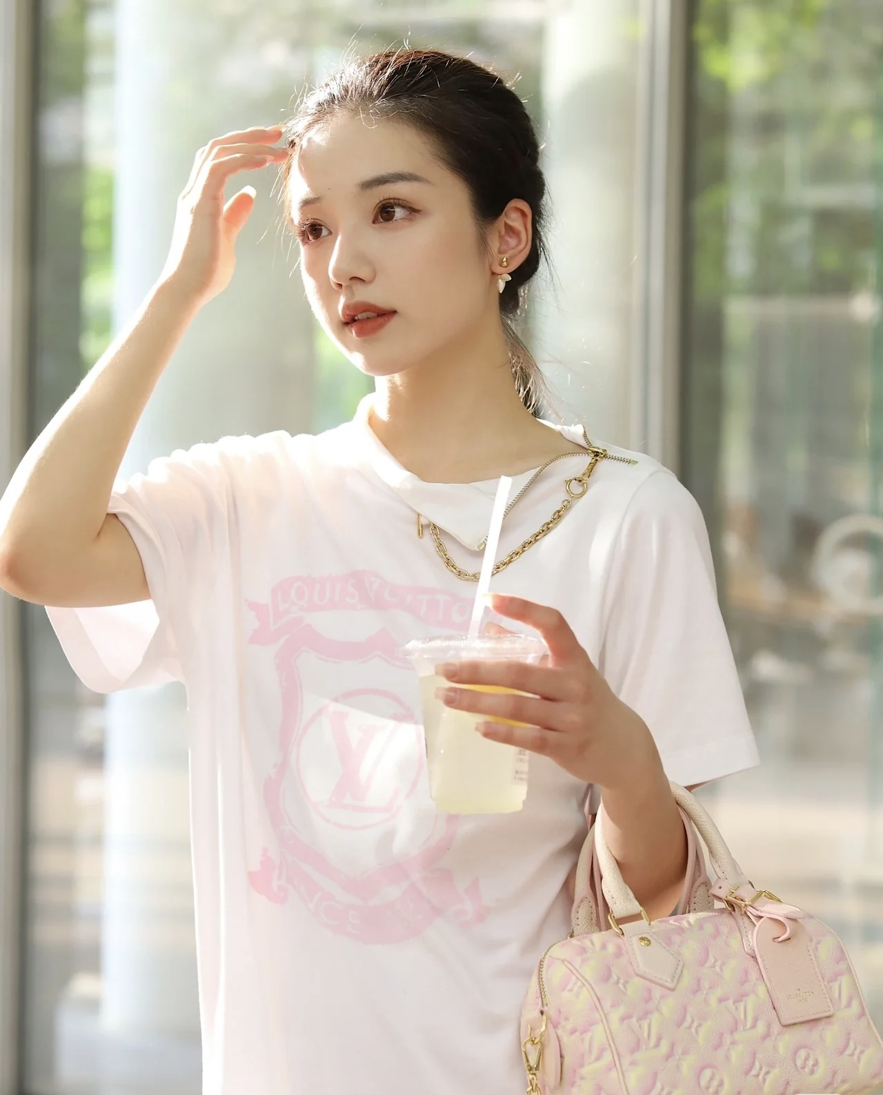 95新 LouisVuitton/路易威登 18378 棉 白色logo链条短袖M码