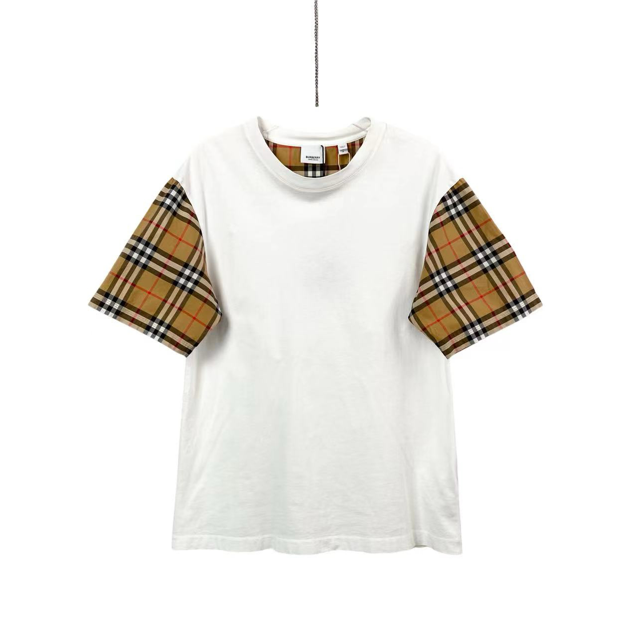 95新 BURBERRY/博柏利  bb0674 白色格纹拼接短袖 s码
