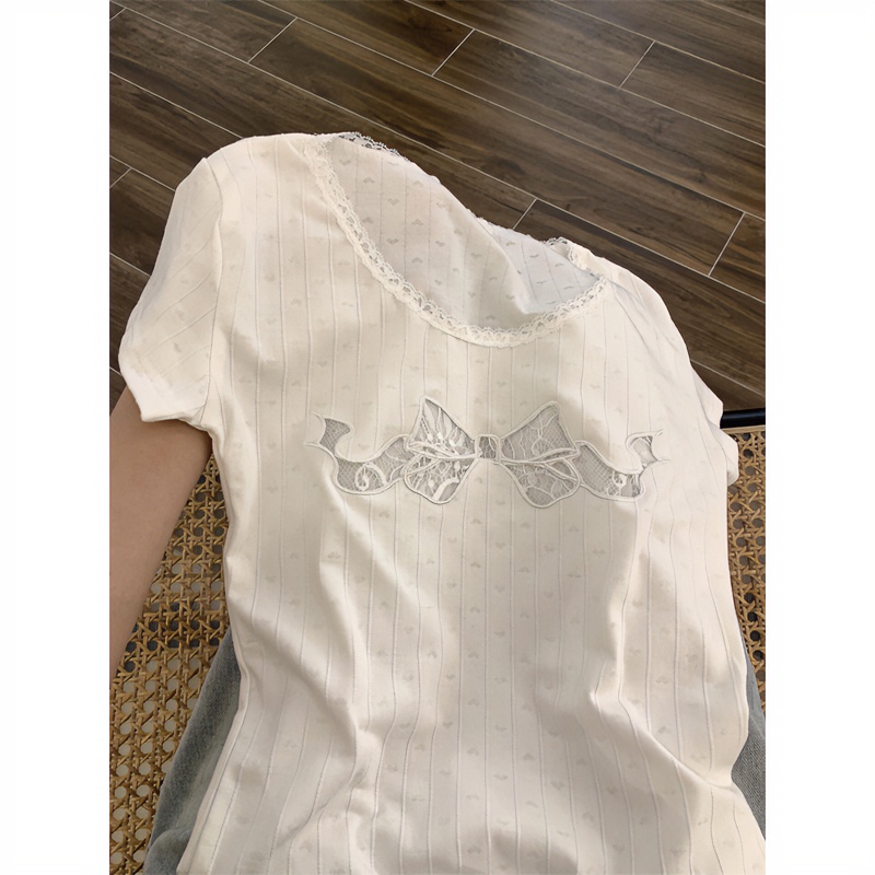 小众设计感蕾丝蝴蝶结短袖正肩T恤女夏季甜辣妹白色修身短款上衣