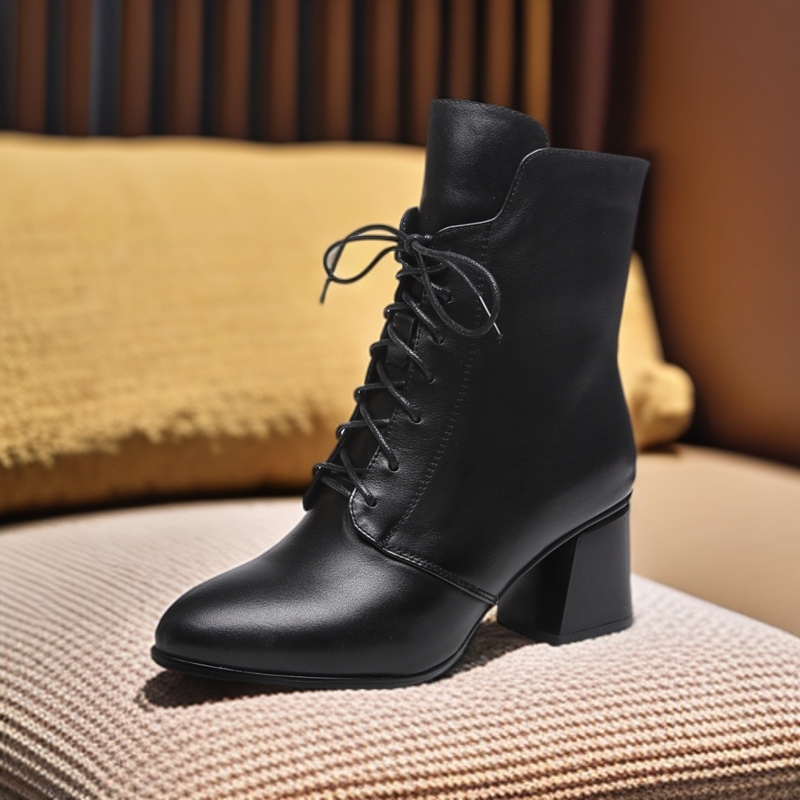 秋冬新款系带高跟马丁靴 真皮英伦风时尚百搭黑色粗跟加绒尖头
