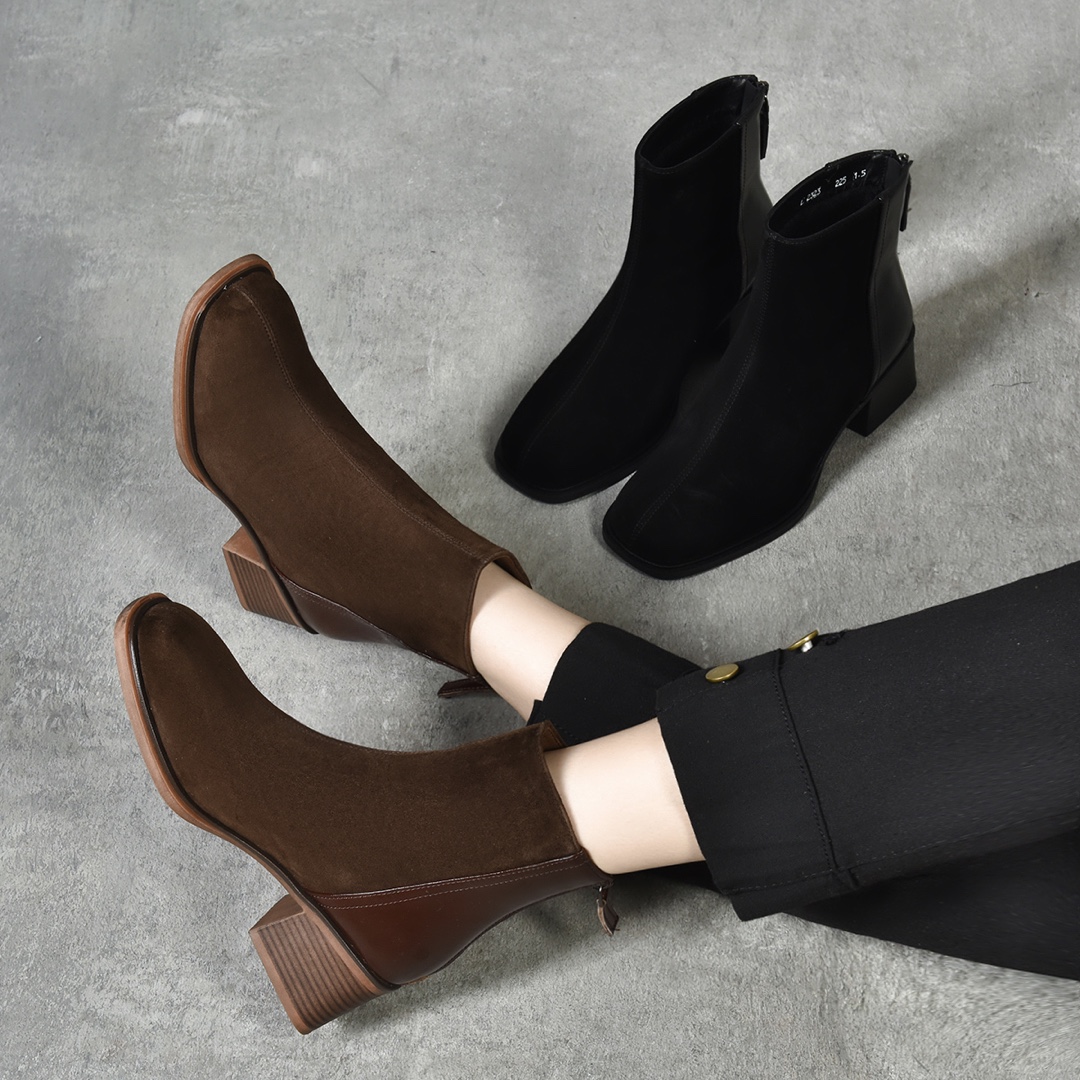 爆款秋冬复古真皮短靴方头百搭气质英伦风时装靴中跟时尚粗跟加绒