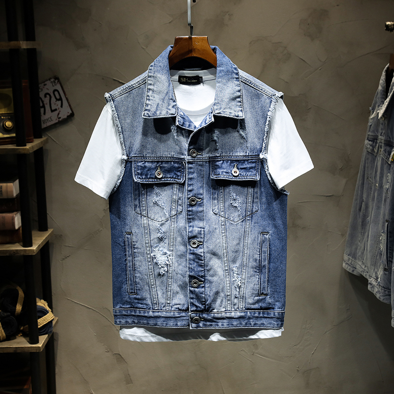春秋男士重工洗水2110牛仔马甲韩版无袖破洞时尚休闲百搭连帽潮流