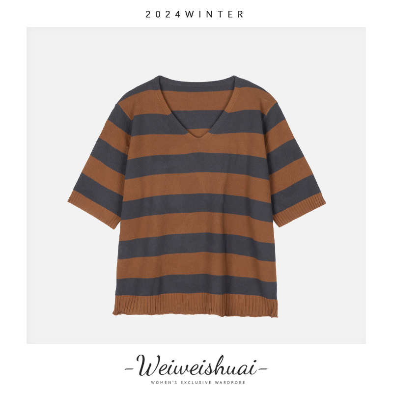 3009夏季洋气百搭拼色条纹V领套头短袖针织衫