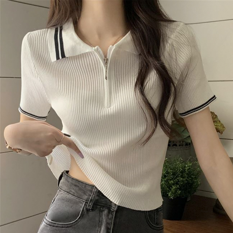 2024新款修身夏季冰丝Polo领时尚百搭正肩内搭针织打底衫