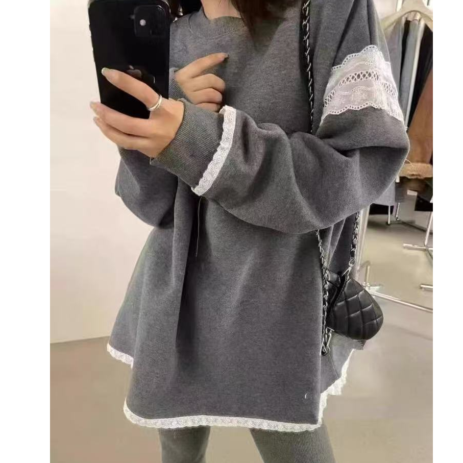2024冬季新款加绒重工设计拼接下摆花边袖休闲宽松卫衣女