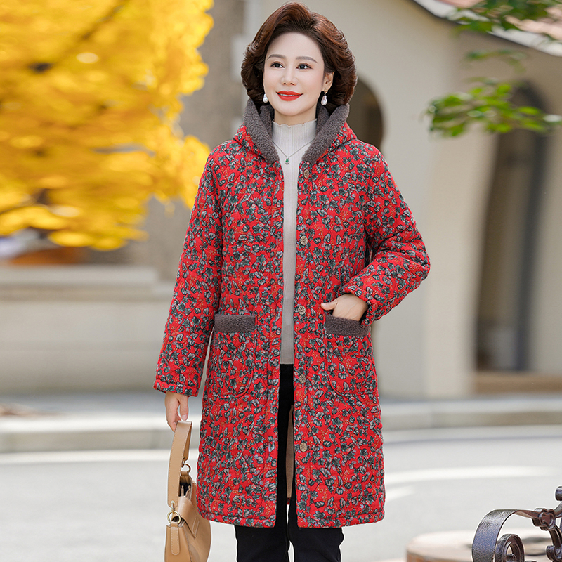 连帽长款加绒加厚妈妈装棉袄碎花厚款中老年棉服宽松保暖抗寒过膝