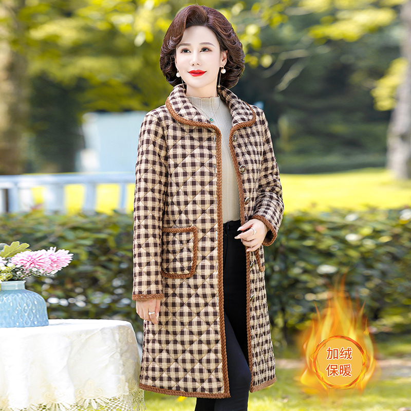 2025冬季长款棉服妈妈装时尚保暖抗寒翻领碎花大板型棉袄格子棉衣
