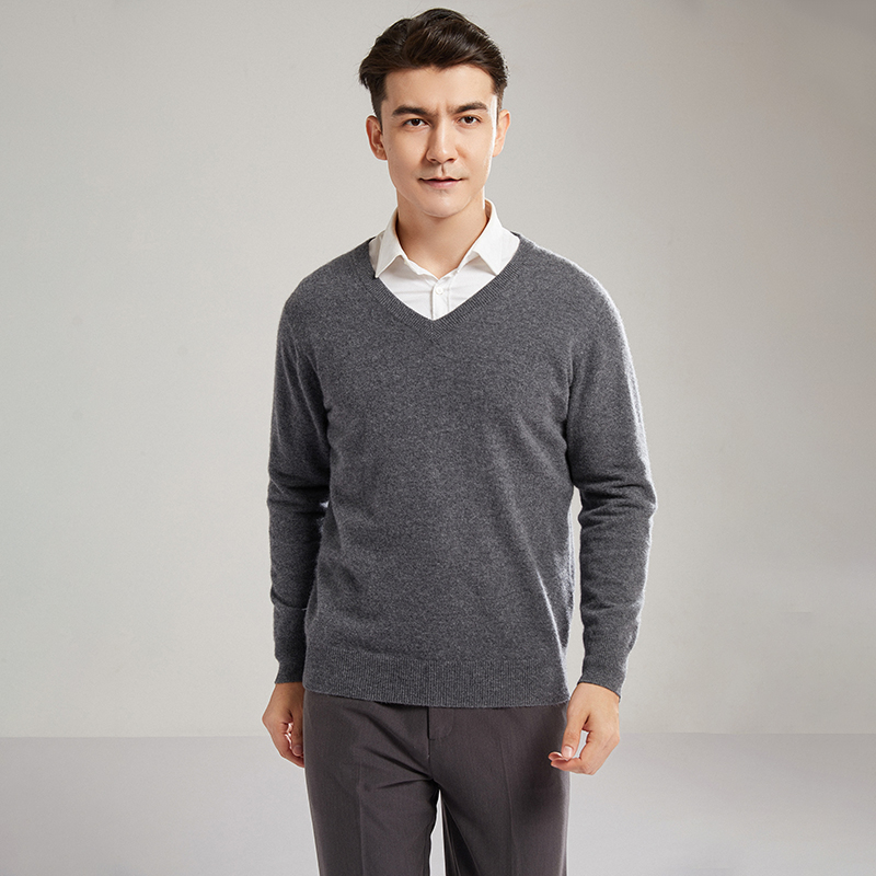 12针平面100纯山羊绒男士V领羊绒打底衫
