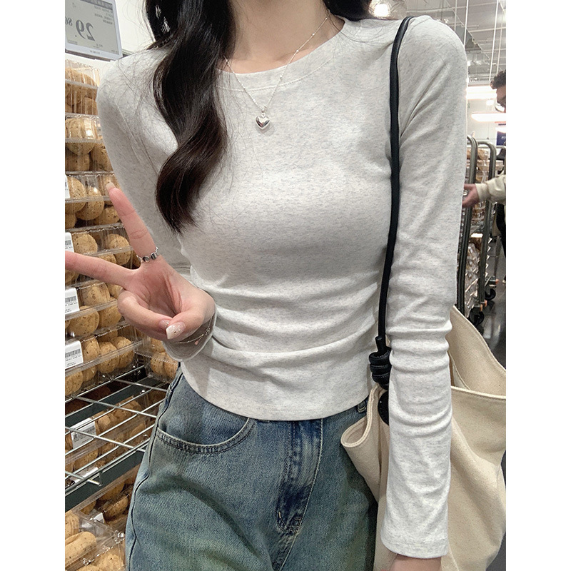 简约纯色正肩圆领长袖T恤女不规则显瘦修身百搭保暖打底内搭上衣