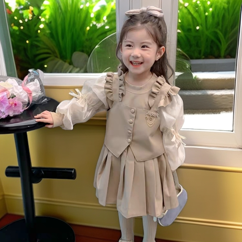 1449女童套装秋季新款洋气时髦儿童女宝秋装韩版马甲百褶裙三件套